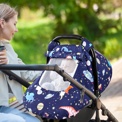 Baby Car Seat Cover Winter, Windproof Blue Carseat Covers for Newborn with 2 Layers Window, Dinosaurs Infant Car Seat Canopy for Boys with Minky Dot Backing, Keeps Babies Warm and Cozy