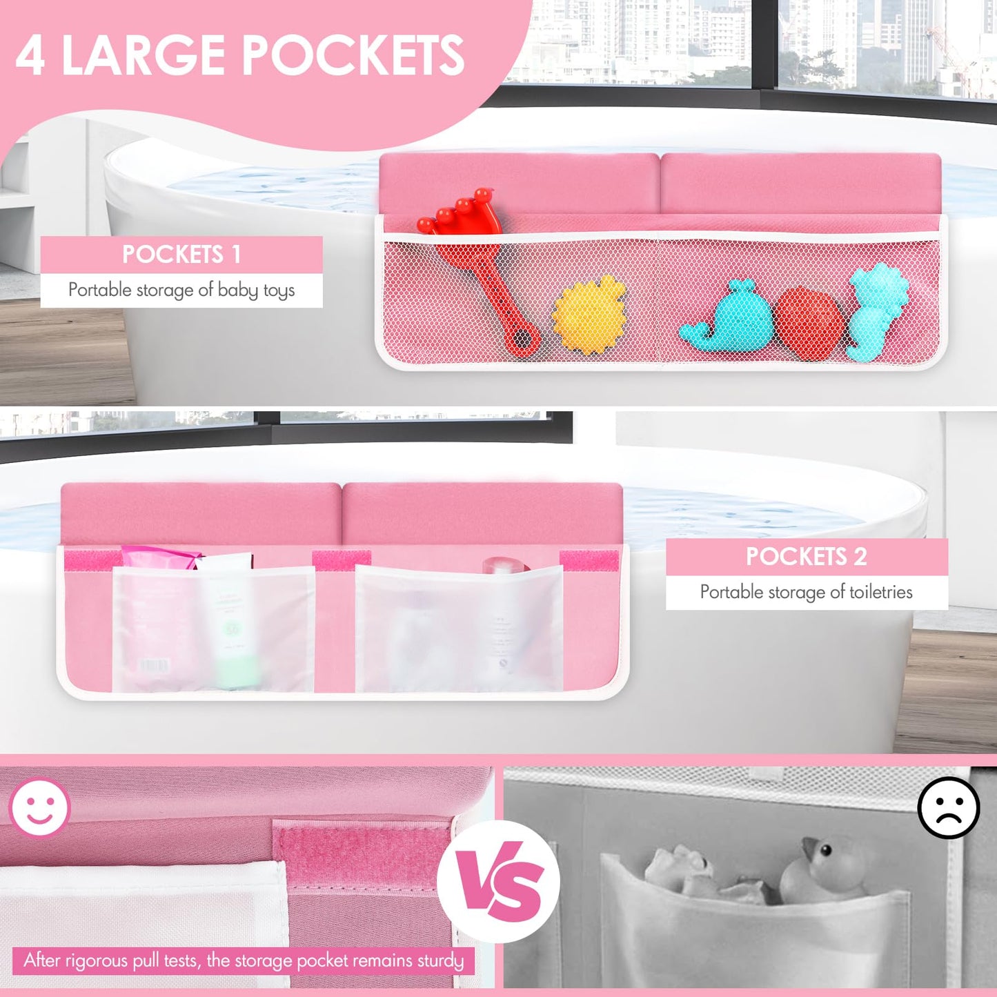 Bath Kneeler and Elbow Rest Pad Set - 2 inch Comfortable Thick Baby Bath Kneeler Pads, with Toy Organizer Pockets - Quick Drying, Foldable, Non-Slip for Baby and Toddler Bathing (Pink)