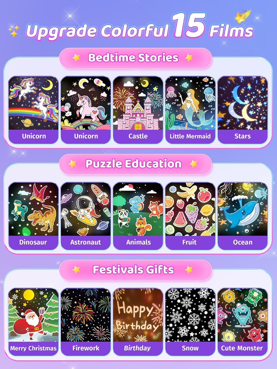 One Fire Baby Night Light Projector, 15 Sound Machine Star Projector for Kids Room,15 Films Star Light Projector 3-9 Year Old Girl Gifts Toys,Brightness Baby Night Lights for Nursery Kawaii Room Decor