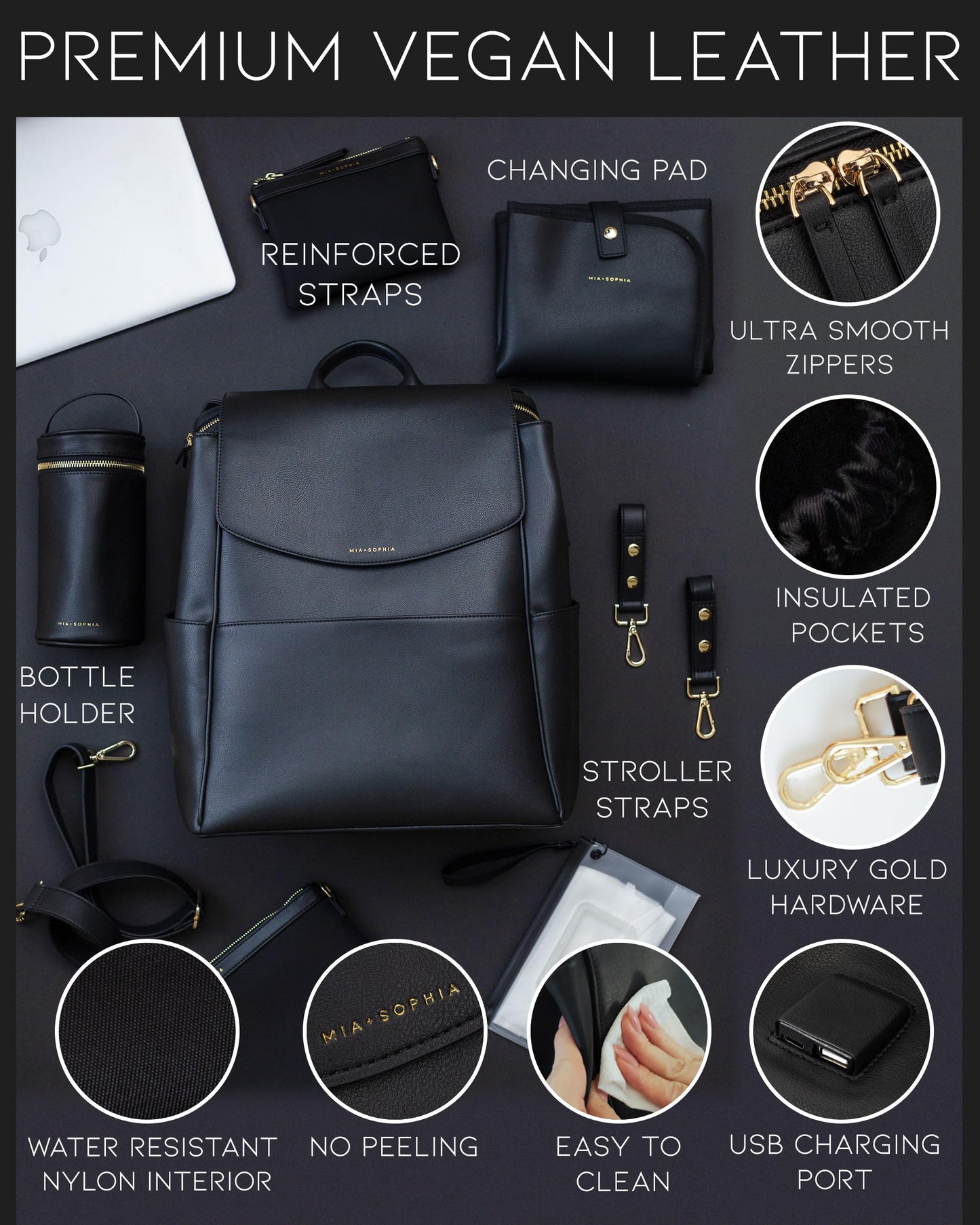 Leather Diaper Bag Backpack with USB Charging port, Changing Pad, Stroller Straps, and Bottle Holder (Brown Olivia)