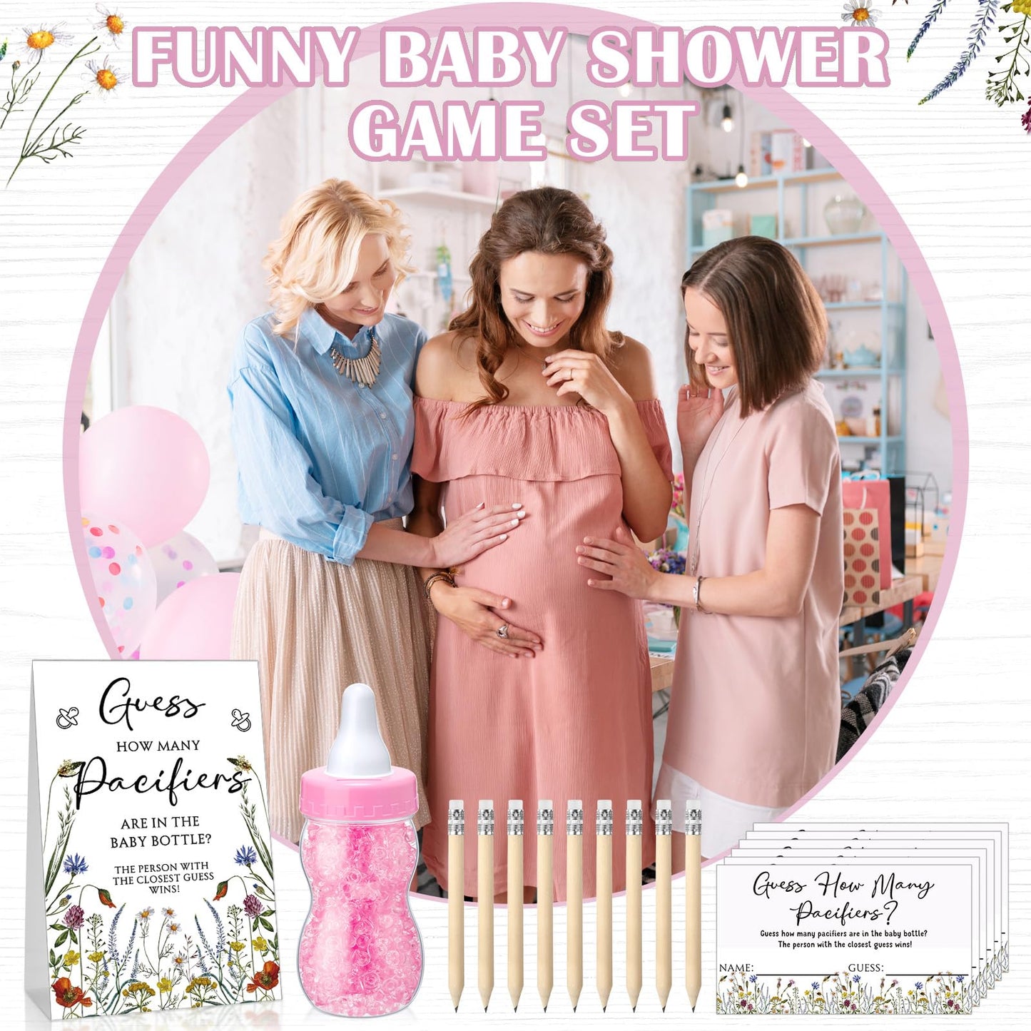 Roowest 512 Pcs Baby Shower Games Guess How Many Pacifiers Sign 100 Small Guessing Games 10 HB Pencils 750ml Milk Bottle 400 Acrylic Pacifiers Decoration for Guest Gender Reveal(Pink,Bear)