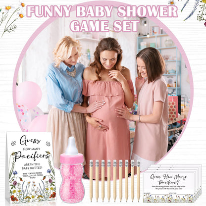 Roowest 512 Pcs Baby Shower Games Guess How Many Pacifiers Sign 100 Small Guessing Games 10 HB Pencils 750ml Milk Bottle 400 Acrylic Pacifiers Decoration for Guest Gender Reveal(Pink,Bear)