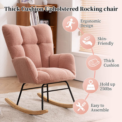 NIOIIKIT Nursery Rocking Chair Teddy Upholstered Glider Rocker Rocking Accent Chair Padded Seat with High Backrest Armchair Comfy Side Chair for Living Room Bedroom Offices (Ivory Teddy)