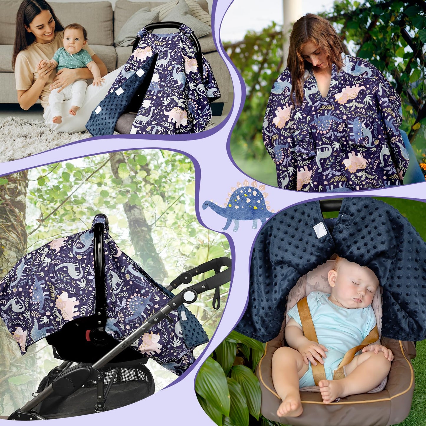 Baby Car Seat Cover, Breathable Infant Carseat Cover for Summer Peekaboo Opening Car Seat Canopy Cover, Nursing Cover for Baby Boys Girls (Blue Dinosaurs)