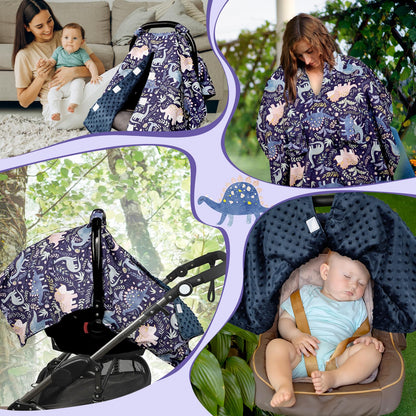 Baby Car Seat Cover, Breathable Infant Carseat Cover for Summer Peekaboo Opening Car Seat Canopy Cover, Nursing Cover for Baby Boys Girls (Blue Dinosaurs)