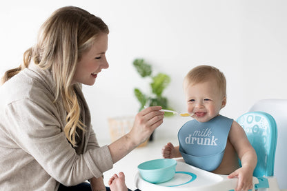 Pearhead Silicone Bib Set of 2, You're a Peach & Light Yellow Waterproof Bibs with Food Catcher, Adjustable Fit, Dishwasher Safe, Unisex Toddler Bib Set