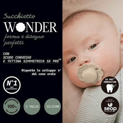Suavinex Wonder Baby Pacifier, SX Pro Silicone Nipple, Reversible, Non Irritating Shield Design, 2 Pk Pacifiers 0-6 Months, Made in Europe, Mauve/Chalk