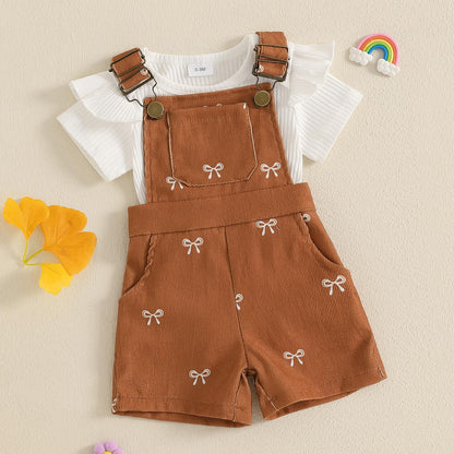 Adobabirl Baby Girl Summer Clothes Ribbed Short Sleeve Romper Bow Print Overalls Shorts Set Infant Cute Summer Outfits