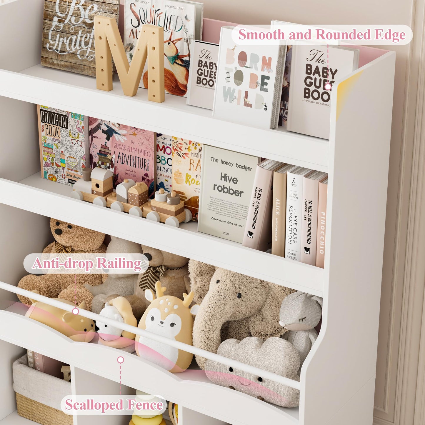 HITHOS 55.3" H Kids Bookshelf with Toy Storage Organizer, Tall Book Shelf with 3 Movable Toy Storage Bins, Large Kids Bookcase with Toy Chest, 39.2" W Modern Toy Box for Kids Room, Playroom, White