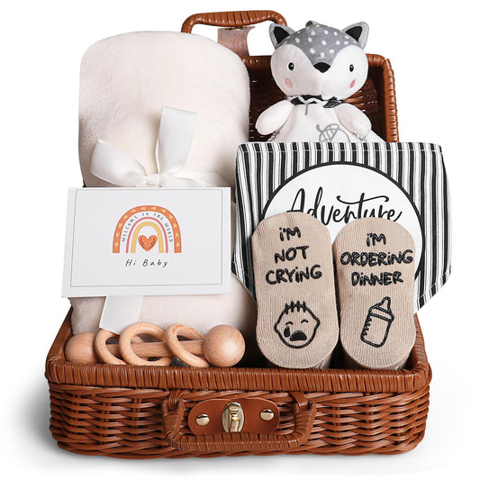 Baby Shower Gifts, Baby Gifts for Girls Boys, Unique Baby Gifts Basket Essentials Stuffs - Baby Lovey Blanket Newborn Bibs Socks Wooden Rattle & Greeting Card, Newborn Baby Gift Set