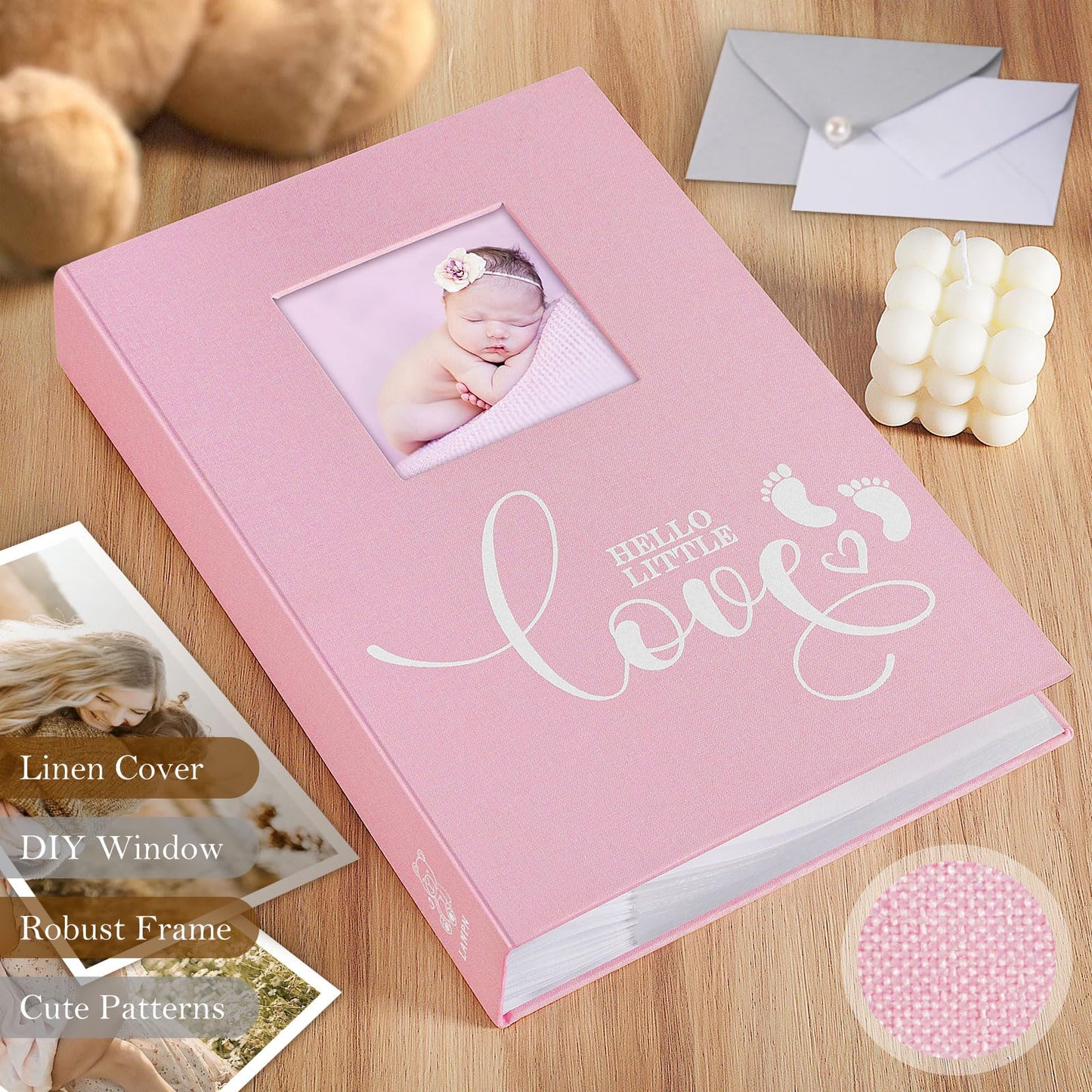 Lanpn Baby Photo Album 4x6 600 Pockets, Linen cover Newborn Bebe Memory Book Photobook Holds 600 Horizontal and Vertical Pictures, Picture Album with Front Window Gift for Boy Girl Baby Shower Pink