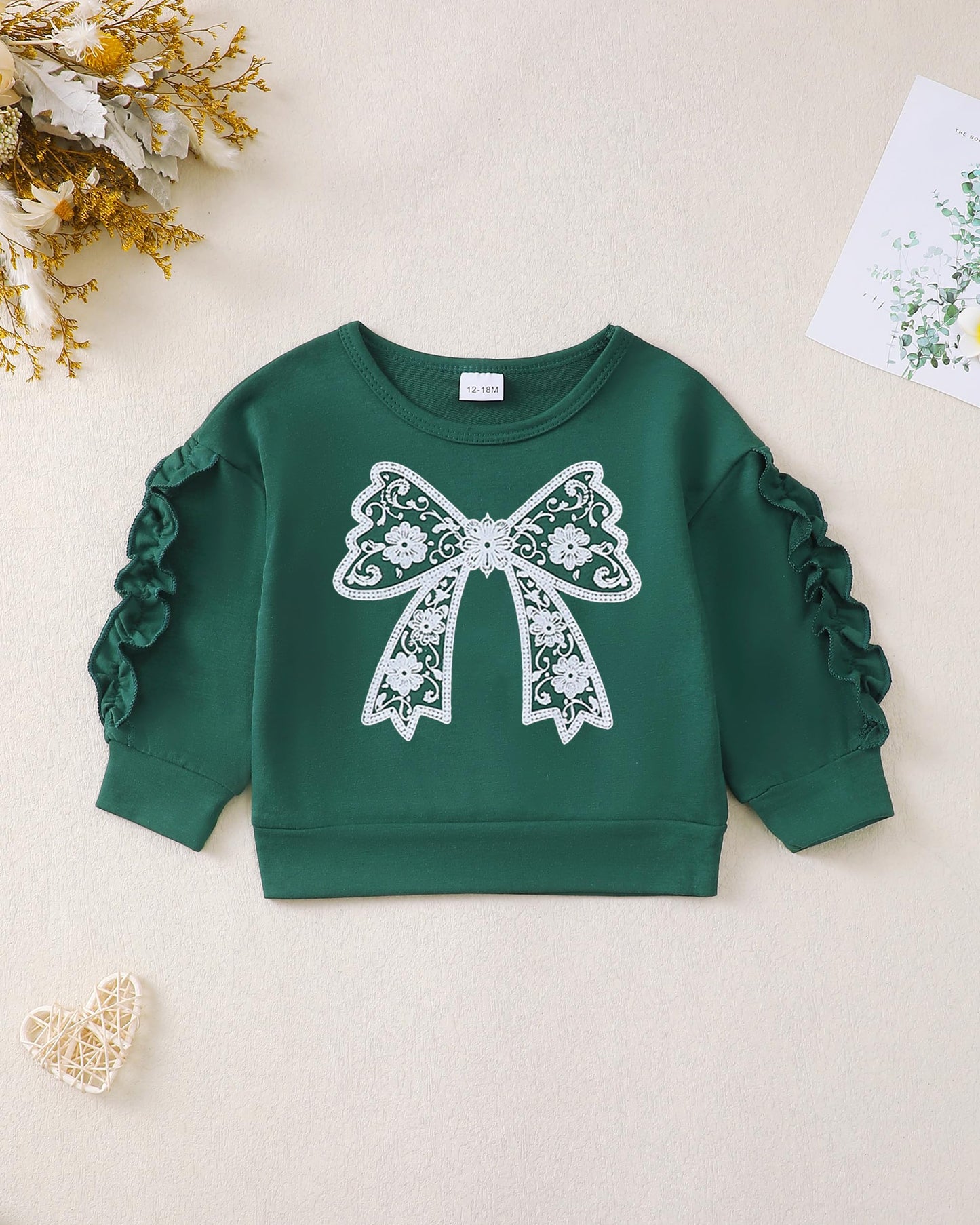 Renotemy Toddler Baby Girl Clothes Fall Winter Outfit, Bow Sweatshirt Denim Bell Bottom Jeans Outfits for 1-5 Year Girls