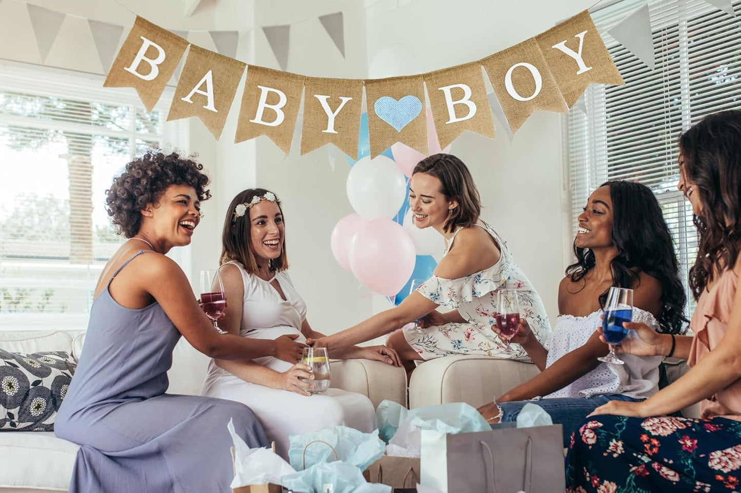 Baby Boy Burlap Banner for Baby Shower Decorations and Gender Reveal Party (Light Blue Heart)