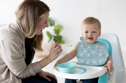 Pearhead Silicone Bib Set of 2, You're a Peach & Light Yellow Waterproof Bibs with Food Catcher, Adjustable Fit, Dishwasher Safe, Unisex Toddler Bib Set