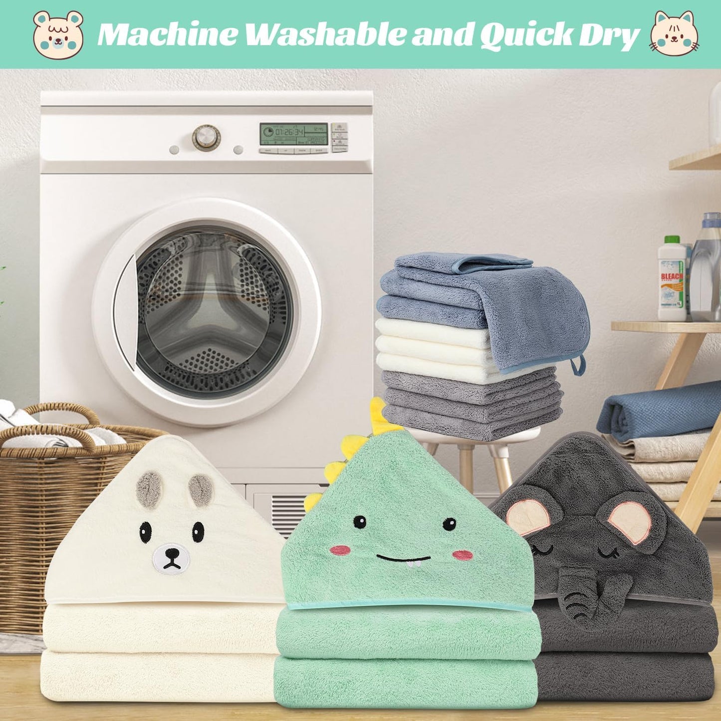 31x31 Inch Baby Hooded Towels, 12Pcs Bath Towels for Boys, Washcloth Set with Cute Design, Shower Towel Gift for Newborns, Infants and Toddlers