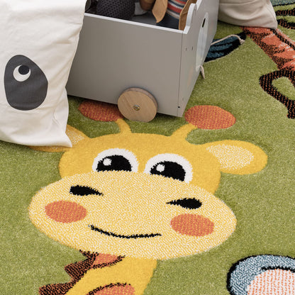 Kids Rug with Cute Animals on a Hot Air Balloon Ride in Pastel, Size: 2'8" x 4'11"