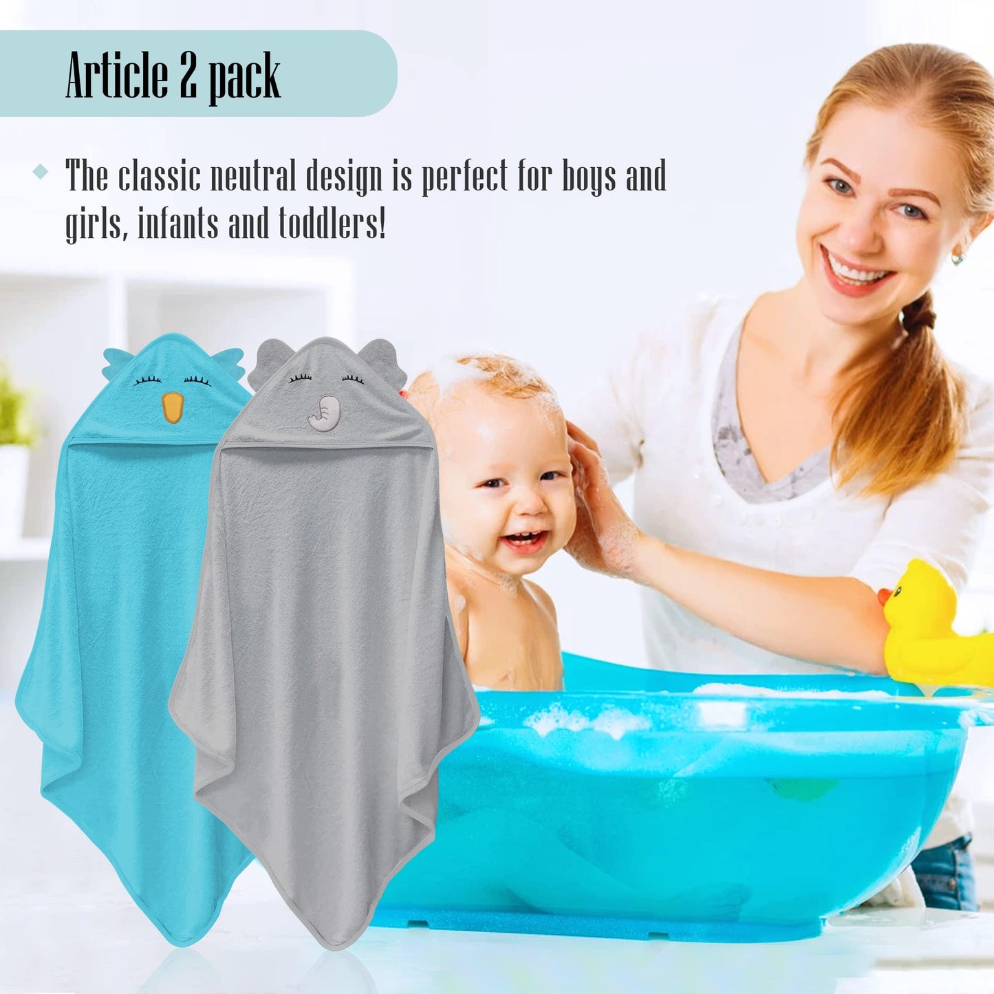 Cute Castle 2 Pack Hooded Baby Towel Rayon Made from Bamboo and 8 Washcloths - Lovely Elephant, Happy Bird
