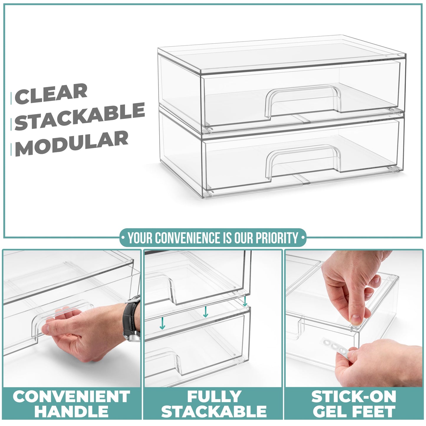Sorbus Acrylic Storage Containers - 2 Pack, Stackable Storage Bins Set for Bathroom Organization - Clear Acrylic Drawer Organizers - Makeup Case Pull-Out Drawers (7.6’’ and 4.4’’ Tall)