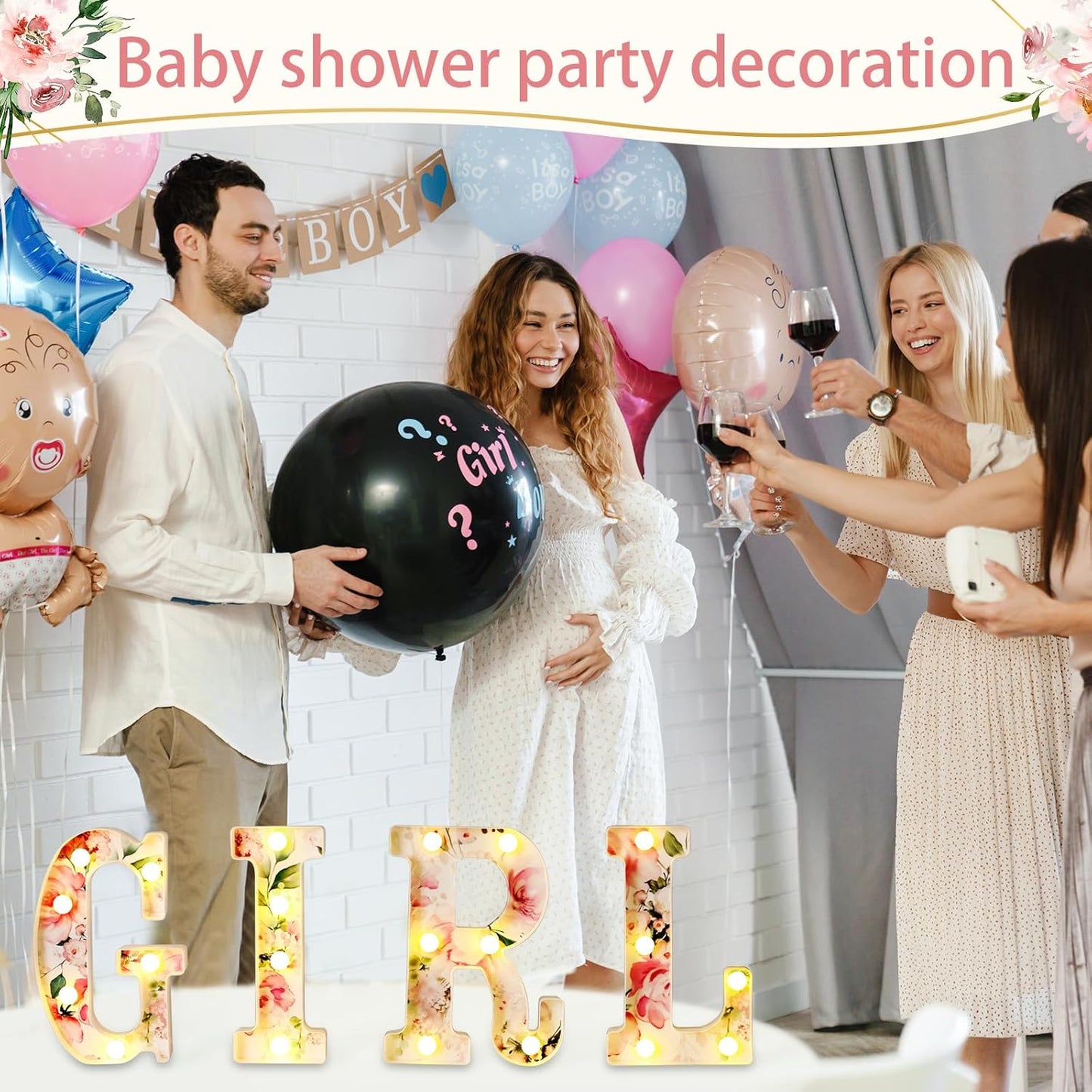 Woodland Greenery Centerpieces Baby Marquee Light up Sign Letters 8.26'' Baby Shower Letter Battery Operated Gender Reveal Birthday Party Decor for Home Table(Flower Girl,Pink)