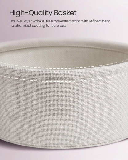 VASAGLE End Table, Small Bedside Table with Fabric Basket, Modern Nightstand, Round Side Table, for Living Room, Bedroom, Matte White and Camel Brown ULET223W10