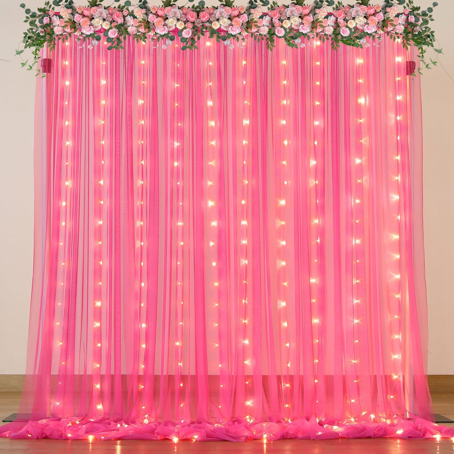 White Tulle Backdrop Curtain with Lights String for Parites 10×8ft Sheer Backdrop Curtains White Curtain Backdrop for Wedding Baby Shower Birthday Party Photo Shoot Decorations(2 Panels 10ft×8ft)