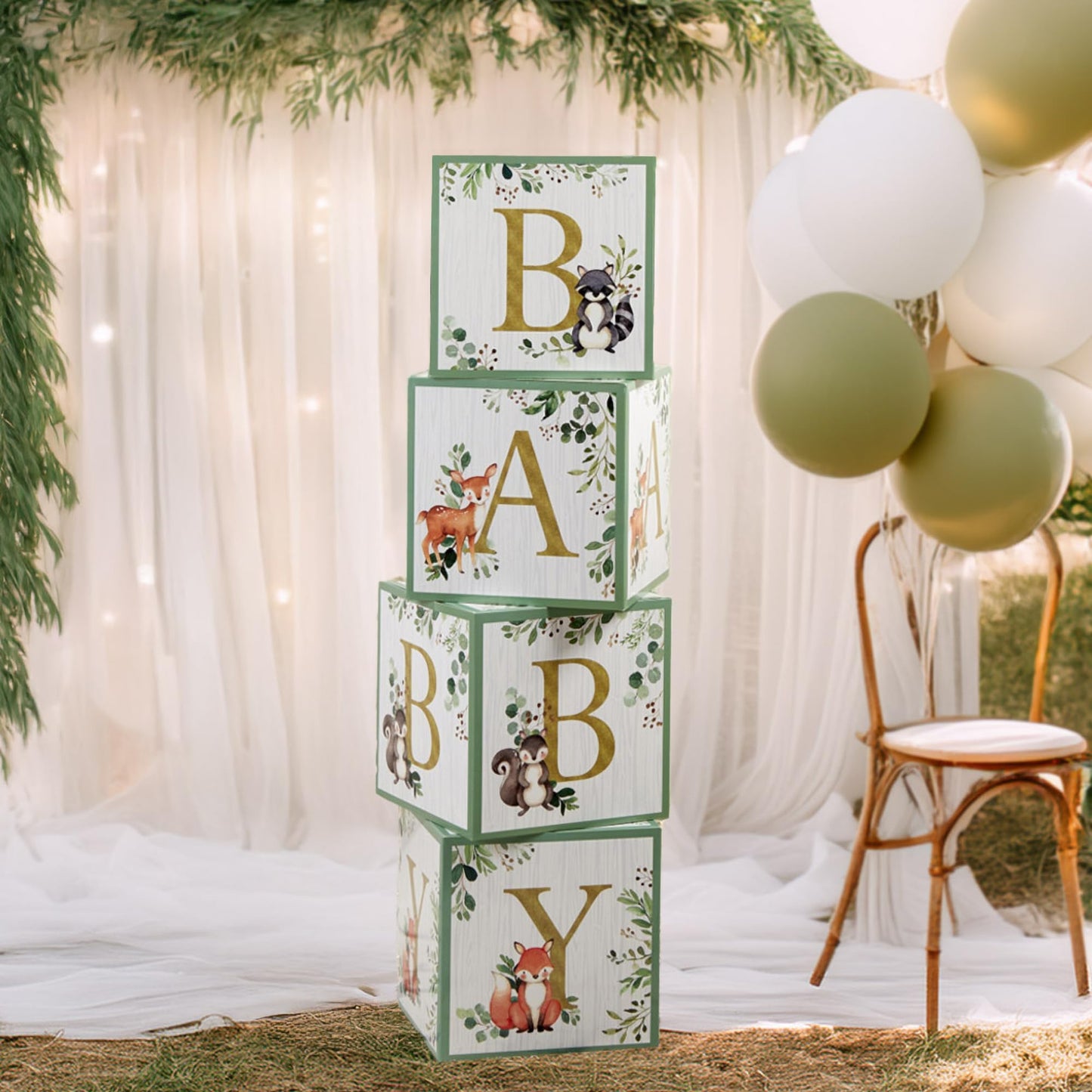 Kate Aspen Woodland Baby Shower Boxes with Letters for Baby Shower Gender Reveal Decorations Photo Prop & Forest Animal Nursery Decor (Set of 4 Blocks Spells Baby)