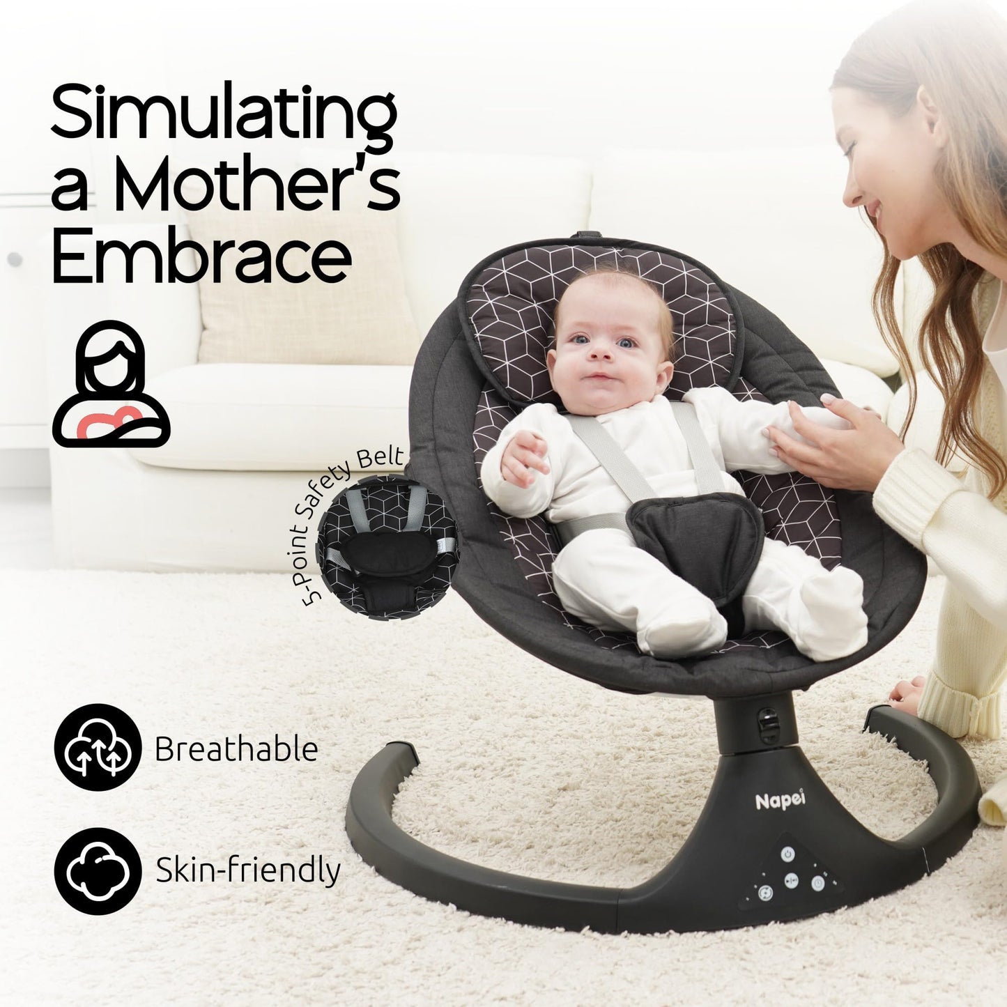 Baby Swings for Infants to Toddler, Electric Baby Swing and Infant Swings for Newborn, 10 Music with Remote Control and Bluetooth, 5 Swing Angles with Gentle Speed, 2 Seat Position, 0-9 Month (Gray)