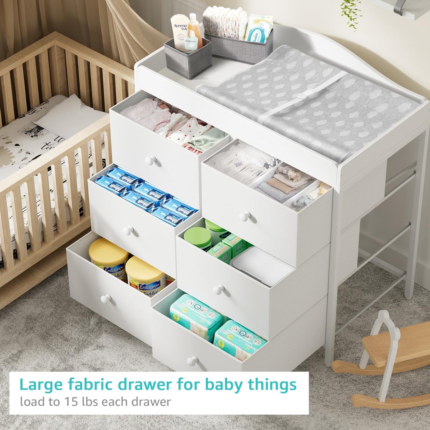 BOLUO Changing Table Dresser with 6 Fabric Drawers, Baby Dresser with Changing Table Top Diaper Changing Station with Storage for Nursery Modern