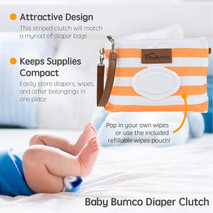 Bumco Diaper Clutch Bag with Refillable Wipes Dispenser - Water Resistant, Lightweight Diaper Pouch with on the go Wipes Dispenser, Portable Baby Wipe Dispenser, (Pink Stripes)