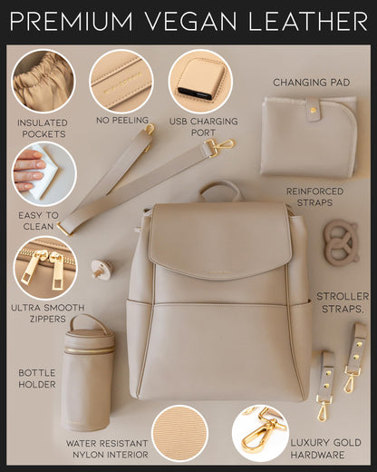 Leather Diaper Bag Backpack with USB Charging port, Changing Pad, Stroller Straps, and Bottle Holder (Brown Olivia)
