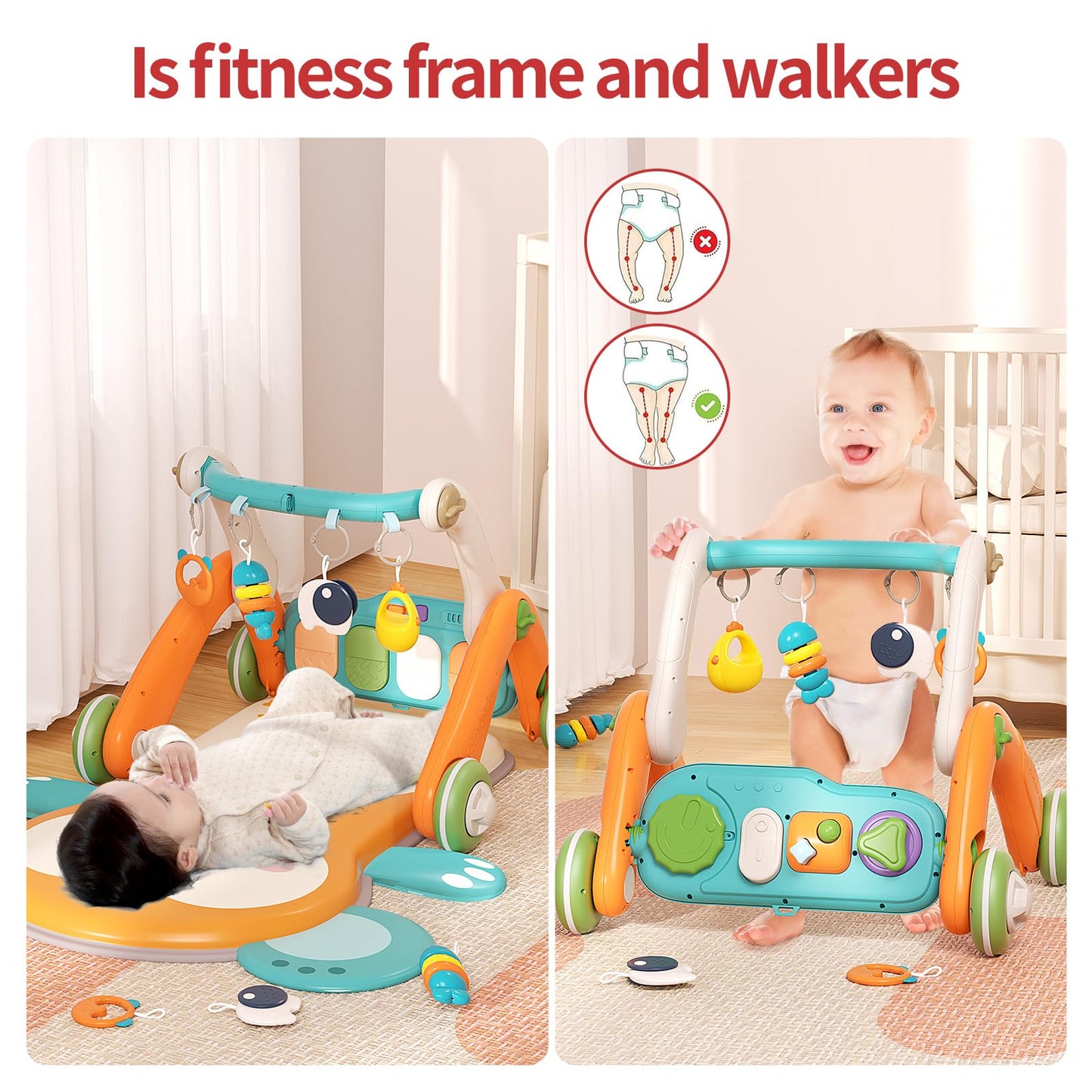 2 in 1 Baby Gym with Walker,Baby Play Mat with 4 Infant Learning Sensory,Double-Sided Multifunctional Removable Play Piano Panel,Sit-to-Stand Learning Walker for 0-24 Months Boy Girl [White]