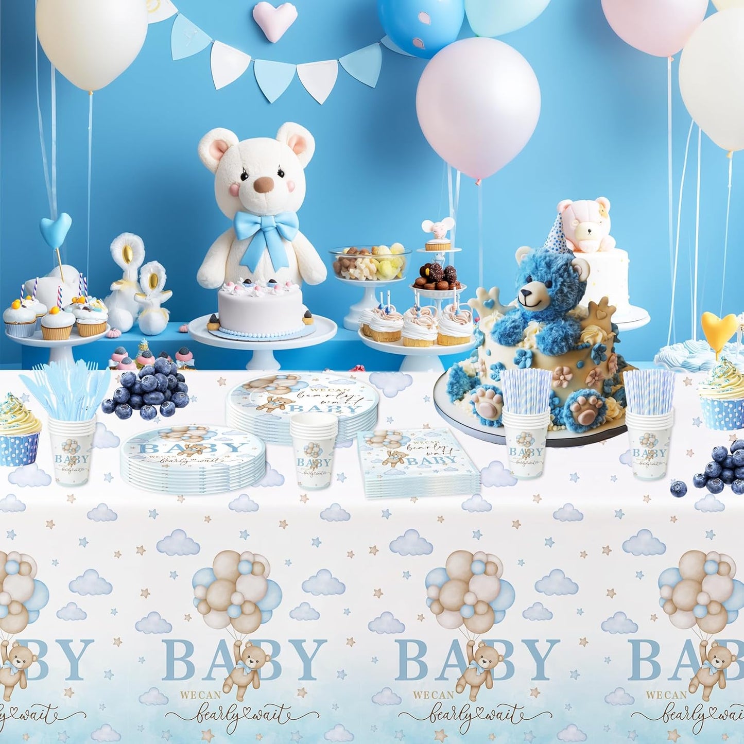 Bear Baby Shower Decorations Party Tableware Boy - Blue Bear We Can Bearly Wait Baby Shower Decorations Supplies, Paper Plates and Napkins Set, Cup, Disposable Forks, 24 Guests