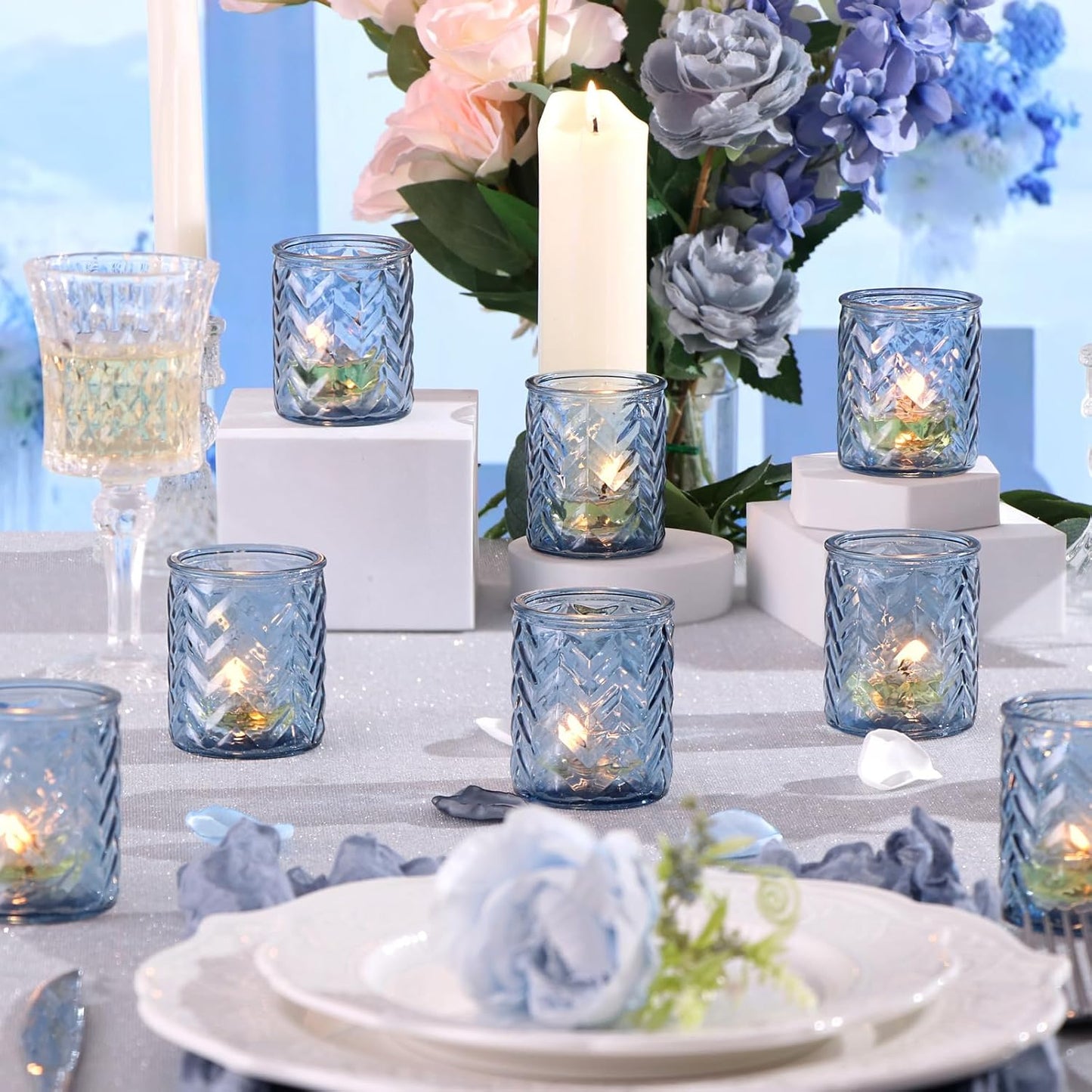 LAMORGIFT 12 PCS Blue Tealight Holders - Blue Votive Candle Holders for Wedding Party Decorations - Bulk for Wedding Reception, Bridal Shower, Baby Shower Party Decor