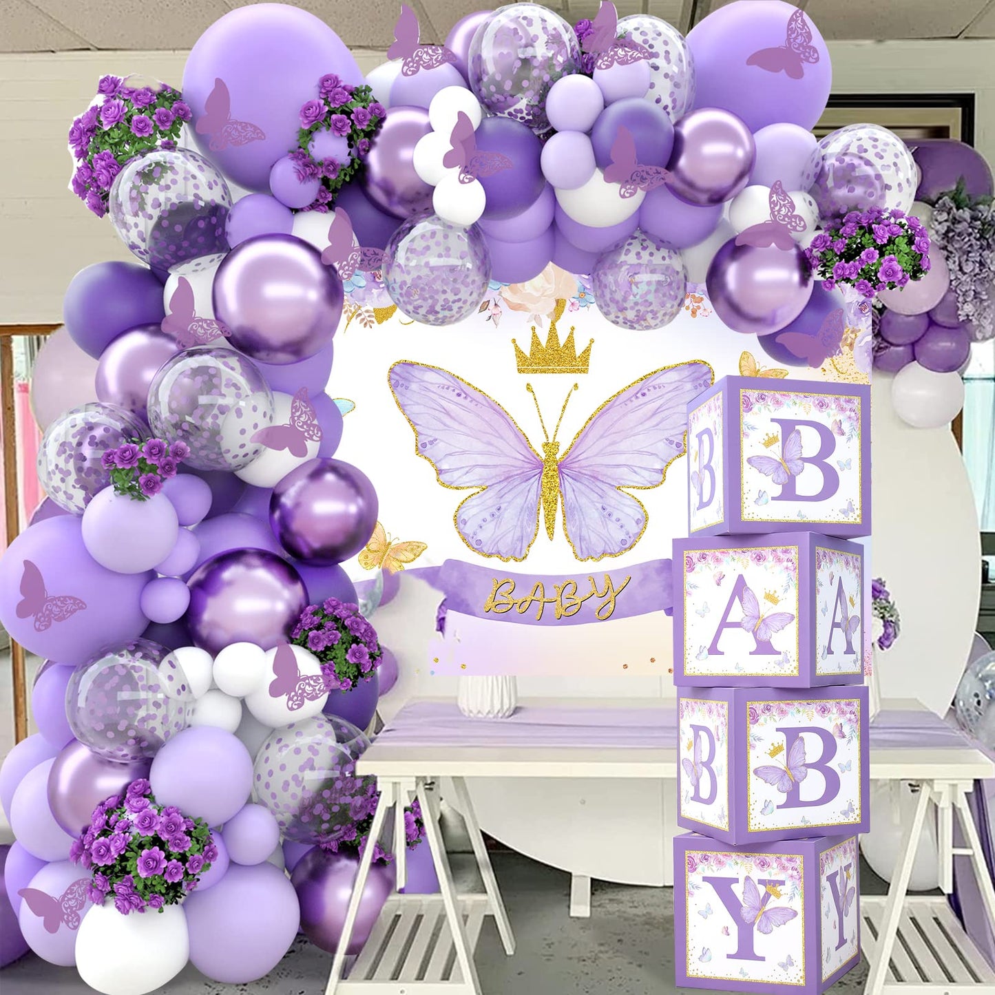 Pink Butterfly Baby Shower Decorations for Girl，Pink Balloon Garland Arch Kit，Pink Butterfly Baby Boxes and Butterfly Backdrop Kit for Baby Shower Butterfly Decorations Birthday Party Decor