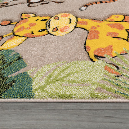 Kids Rug with Cute Animals on a Hot Air Balloon Ride in Pastel, Size: 2'8" x 4'11"