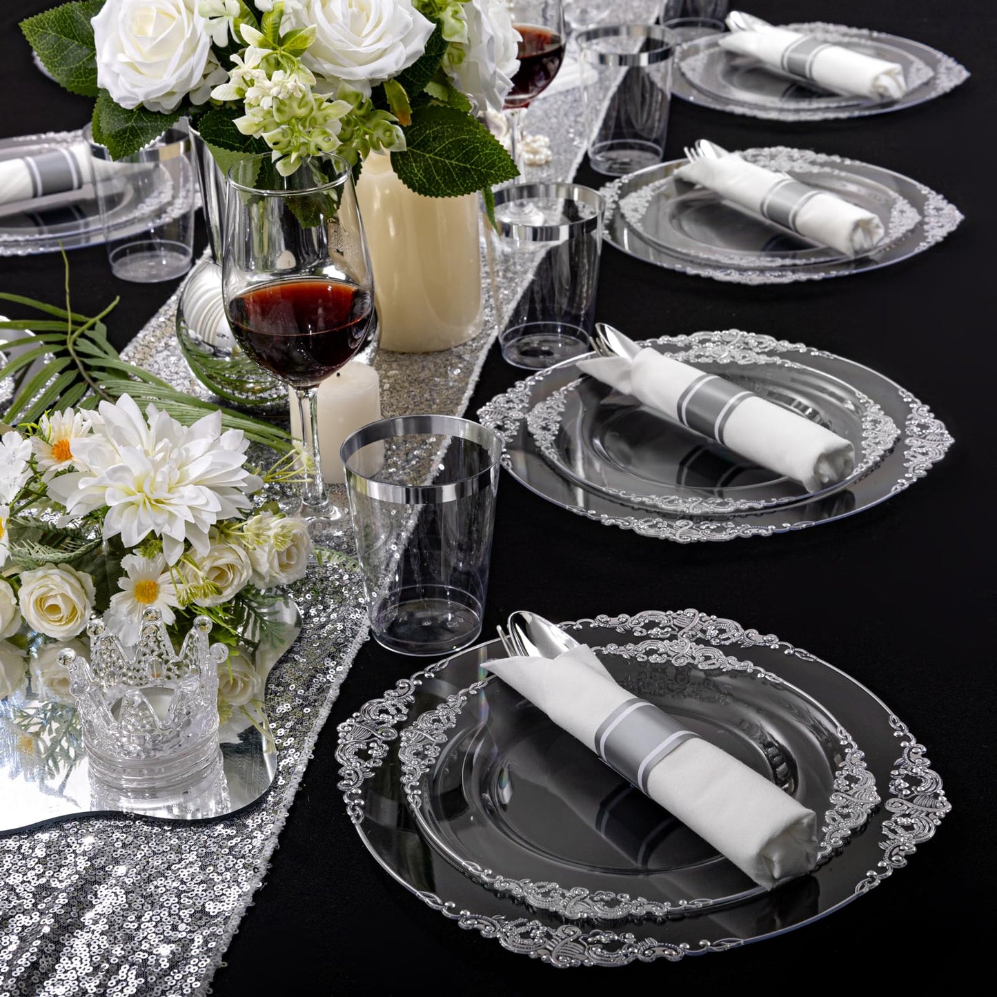 Morejoy 175PCS Rose Gold & Silver Plastic Dinnerware Set: 25 Plates, 25 Forks, 25 Knives, 25 Spoons, 25 Cups, 25 Napkins - Perfect for Wedding & Party
