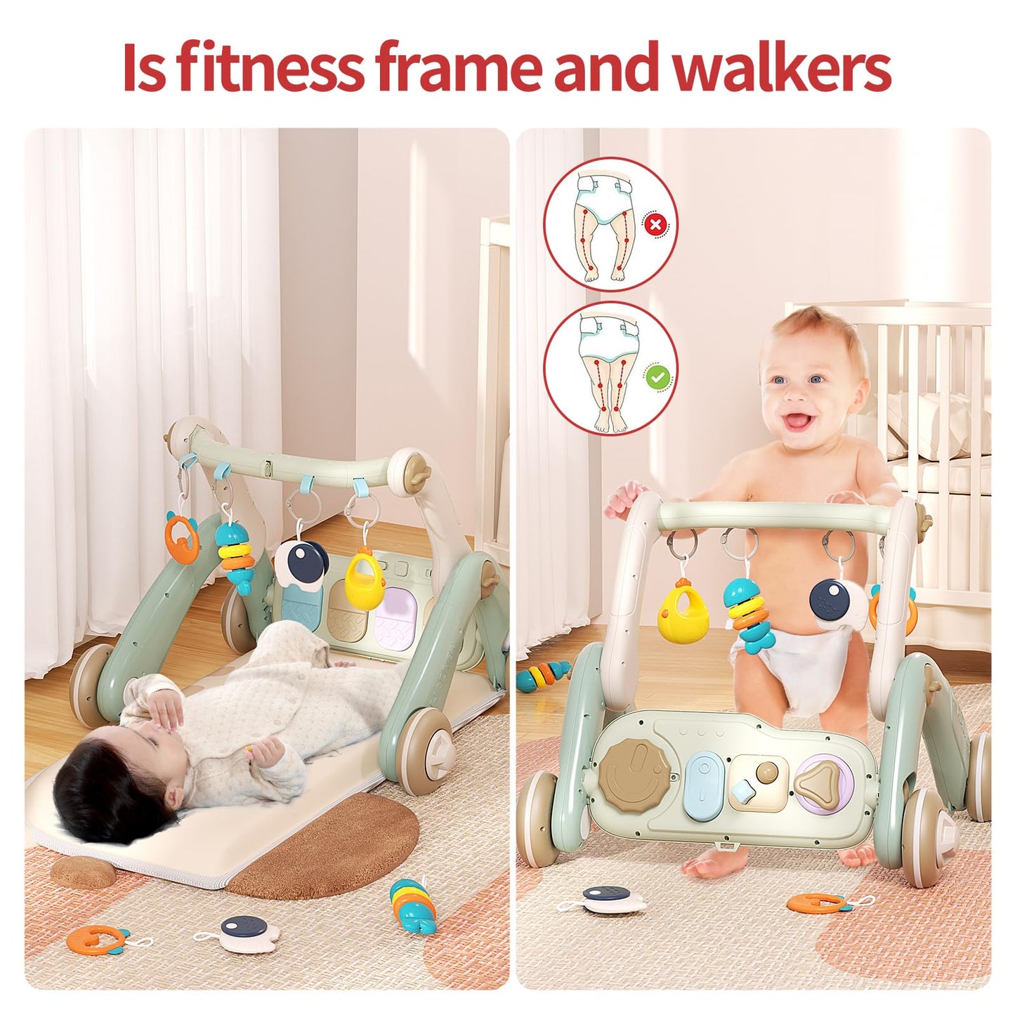 2 in 1 Baby Gym with Walker,Baby Play Mat with 4 Infant Learning Sensory,Double-Sided Multifunctional Removable Play Piano Panel,Sit-to-Stand Learning Walker for 0-24 Months Boy Girl [White]