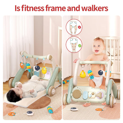 2 in 1 Baby Gym with Walker,Baby Play Mat with 4 Infant Learning Sensory,Double-Sided Multifunctional Removable Play Piano Panel,Sit-to-Stand Learning Walker for 0-24 Months Boy Girl [White]