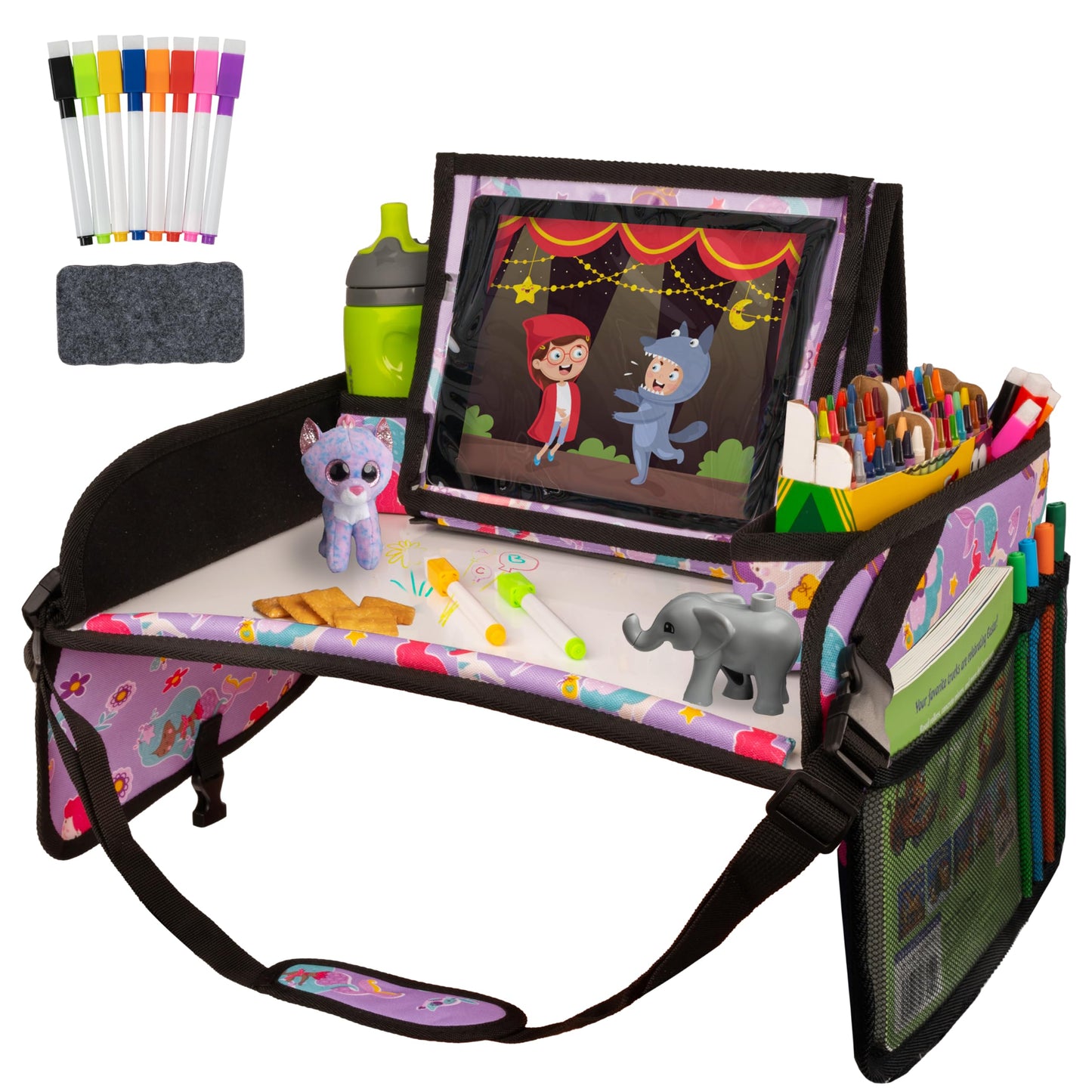 Lusso Gear Kids Travel Tray 2-Pack for Car Seats - Car Seat Tray with Tablet Stand, Mesh Pockets and Cup Holder - Road Trip Essentials Organizer and Activity Desk (Black)