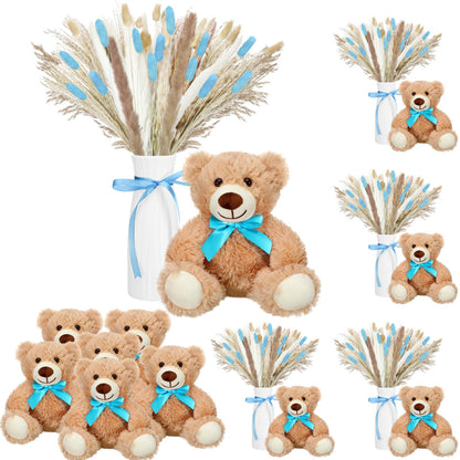 6 Sets 123 Pcs Baby Shower Table Centerpieces Dried Pampas Decor Bear Stuffed Ceramic Look Plastic Vase with Bow for Boho Wedding Bridal Shower Flowers Table Decorations(Brown,Neutral)