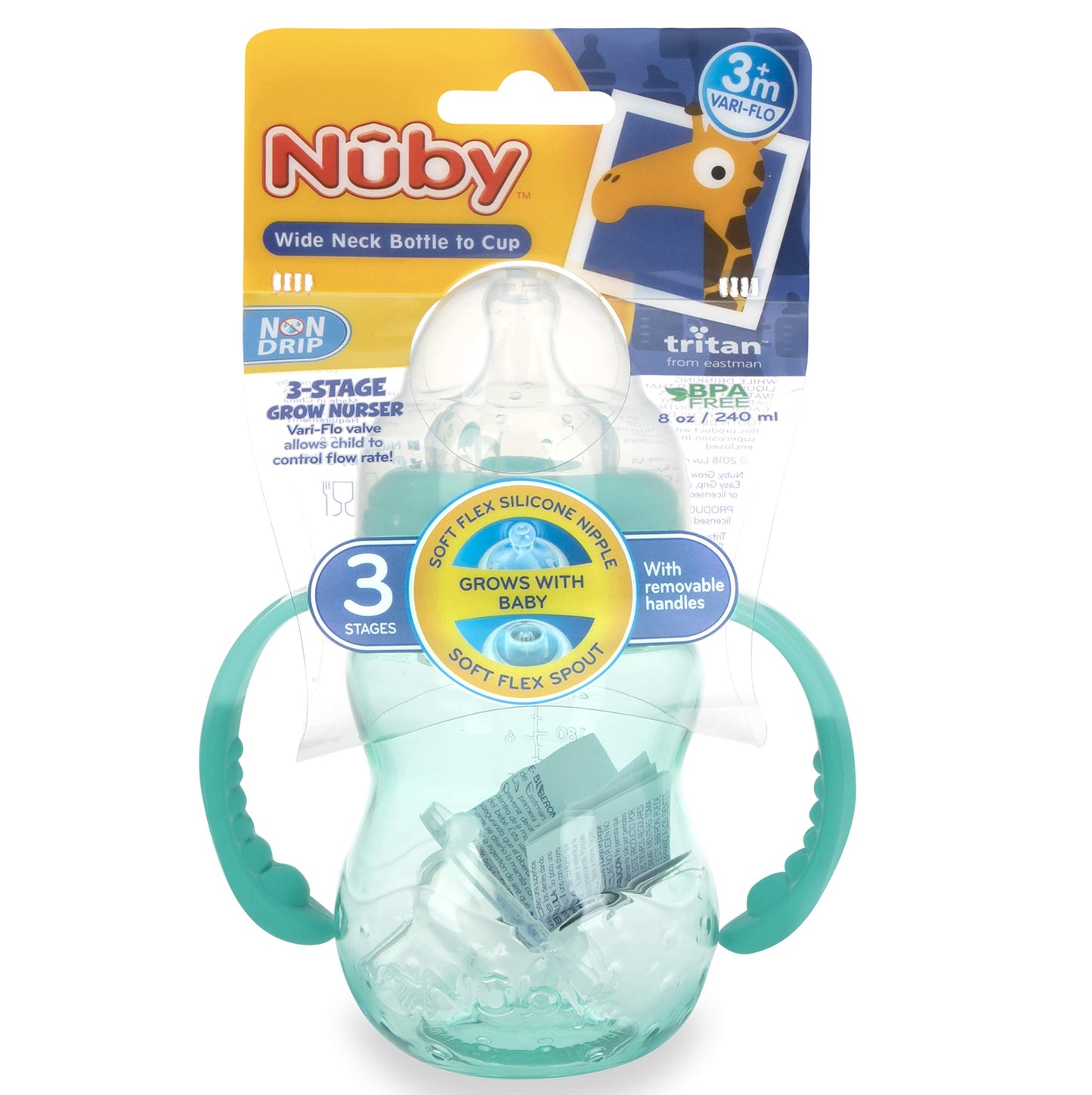 Nuby 3 in 1 Baby Bottle to Training Sippy Cup - 8 Oz Toddler Cups Spill Proof with Soft Spout, Nipple & Removable Grip Handles - Dishwasher Safe (Blue)