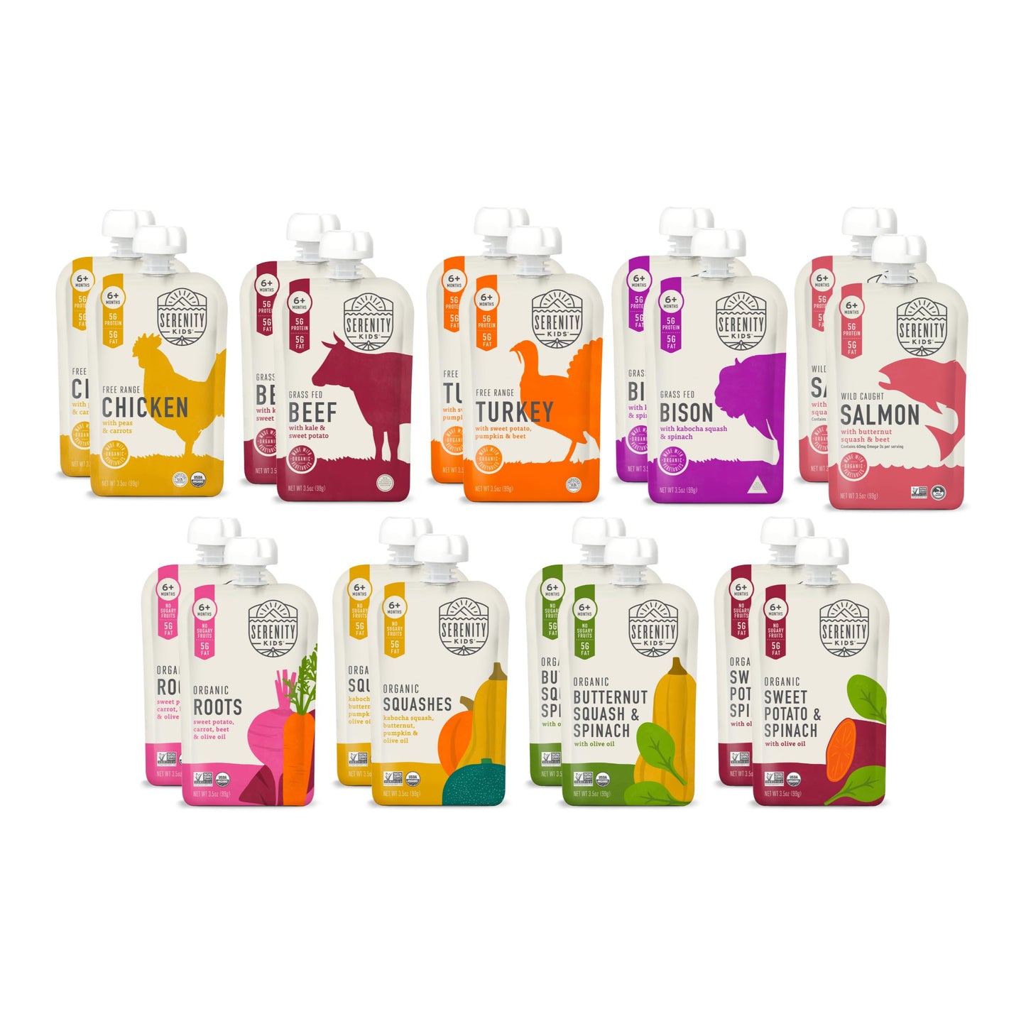 Serenity Kids 6+ Months Baby Food Pouches - Puree with Ethically Sourced Meat & Organic Veggies - 3.5 Ounce BPA-Free Pouch - Variety Pack, 8 Count - Baby Food Meat