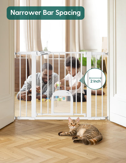 Babelio Upgraded Baby Gate with Cat Door, 29-43" Auto Close Durable Dog Gate for Stairs, Doorways and House, Easy Walk Thru Safety Gate with Pet Door Includes 4 Wall Cups, Black