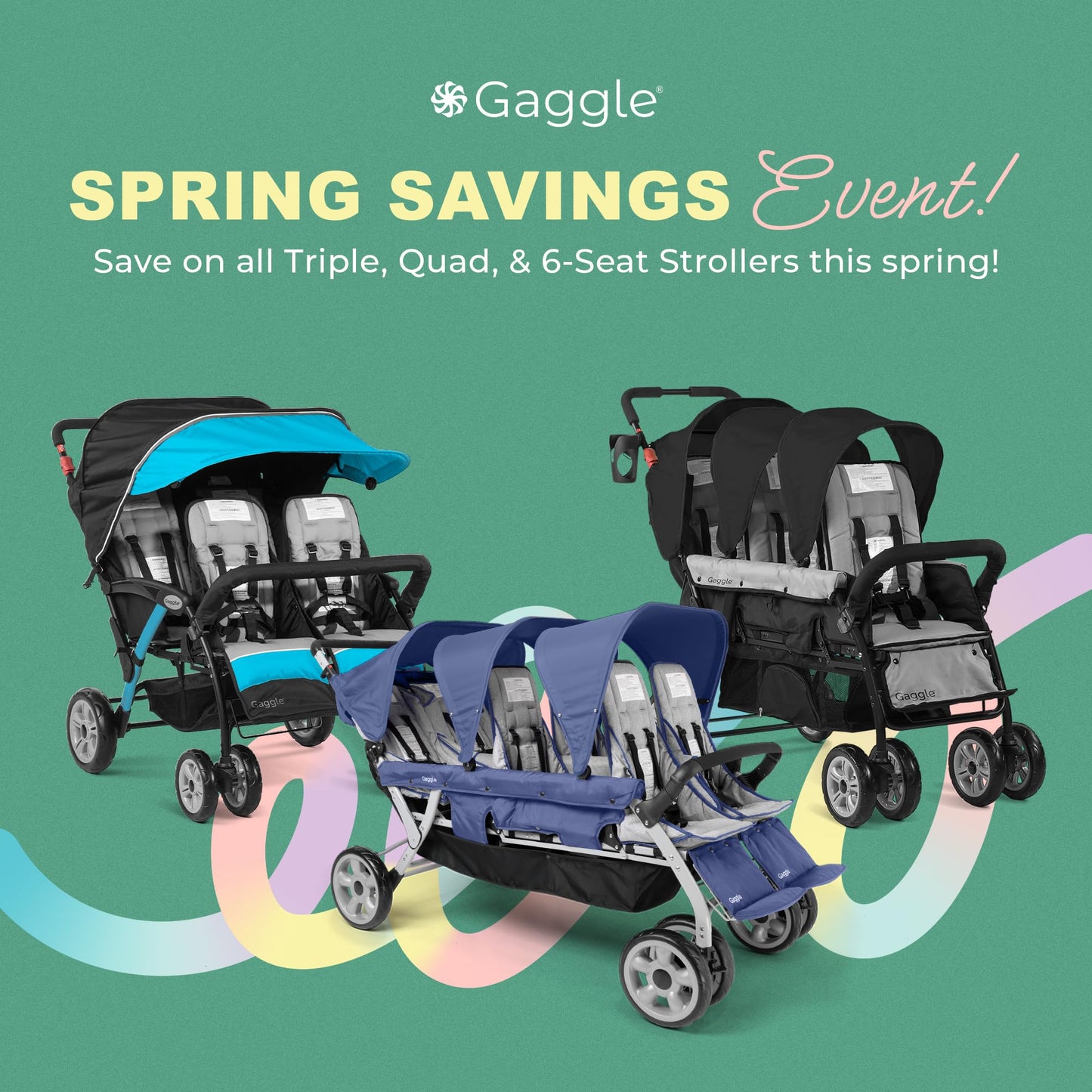 Gaggle by Foundations Compass Quad 4 Seat Stroller | 4-Seat Stroller for Daycare | Oversized UV Blocking Canopy | 5-Point Harness | Easy Loading | Storage Bucket | Black
