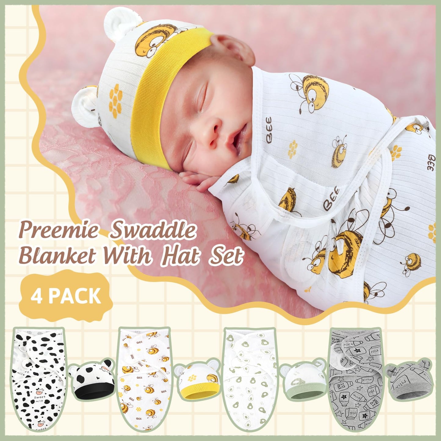 Buryeah 4 Pack Preemie Swaddle Blanket Wrap Set with Hat for Baby Boys Girls 3-7 Lbs Preemie Newborn Clothes Sleepers Cap