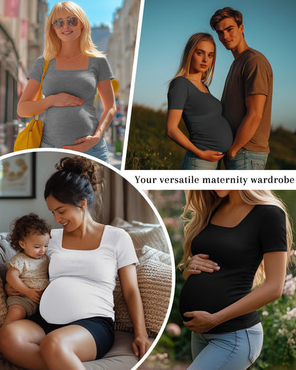 Huukeay 4 Pack Women's Maternity Shirts Cotton Ribbed Short Sleeve Square Neck Pregnancy Tops Side Ruched Summer Tee