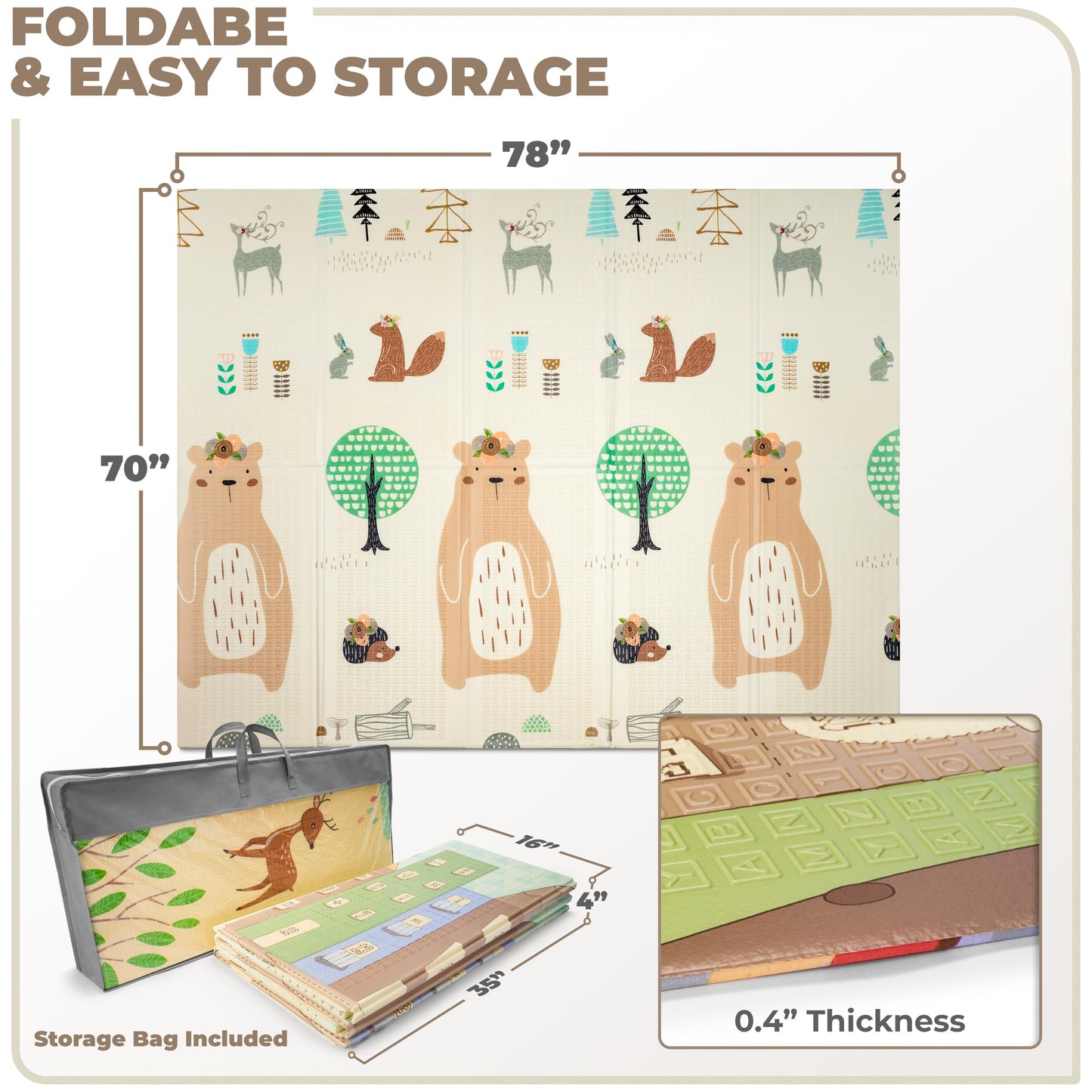 Sorbus Foldable Baby Play Mat, Kids Foam Mats for Floor with Travel Bag - Waterproof Foldable Play Mats for Babies, Infants, Toddlers, and Kids Playtime & Tummy Time 78x70x0.4 (Safari Party)