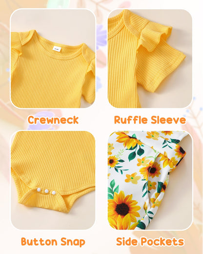 SUNNY PIGGY Toddler Baby Girl Overalls Clothes Toddler Adjustable Suspender Jumpsuit Short Sleeve Outfit Little Girl's Set