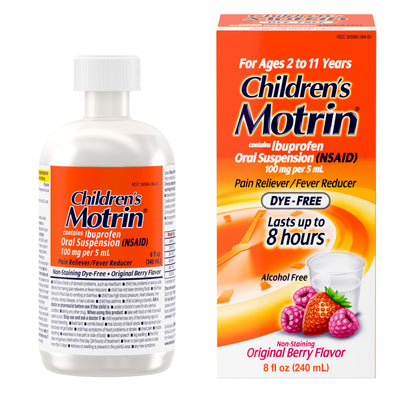 Motrin Children's Oral Suspension 100mg Ibuprofen Medicine, NSAID Fever Reducer & Pain Reliever for Minor Aches & Pains Due to Cold & Flu, Dye Free, Alcohol-Free, Berry Flavored, 8 fl. oz