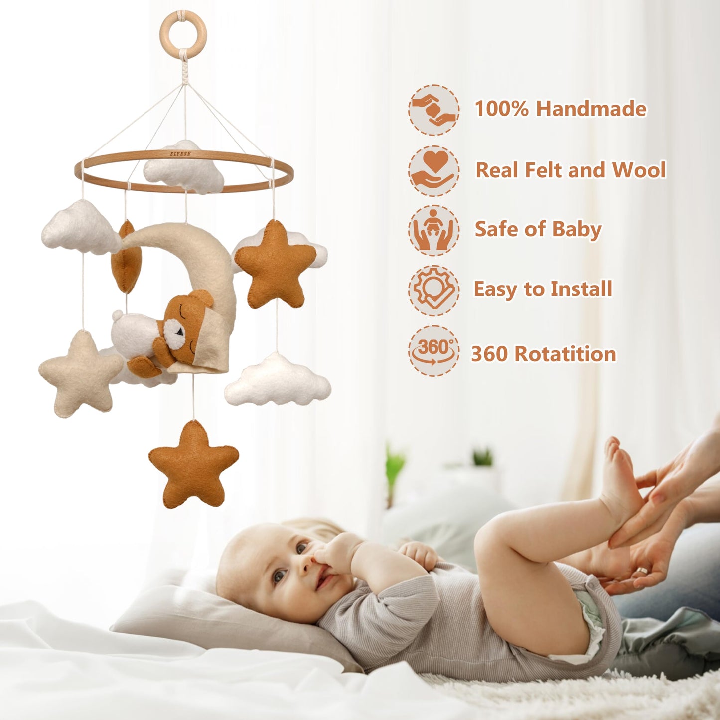 Crib Mobile for Girls, Sleeping Princess Bear Baby Mobile for Crib, Handmade Felt Crib Mobile, Baby Crib Mobile with Cloud and Stars, Nursery Baby Mobile for Bassinet (Cinnamon)